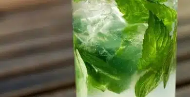 Vaso de mojito cubano decorado con una rodaja de lima